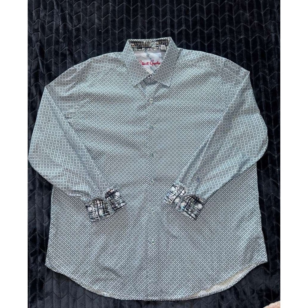 Robert Graham Shirt Men Classic Fit Blue White Flip Cuff LS All Over Print 2XL